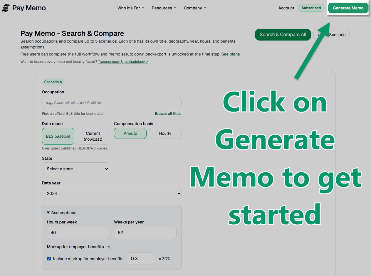 Generate Memo workspace entry screen