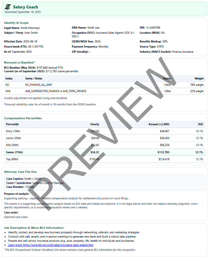 Attorney support / earning-capacity memo preview